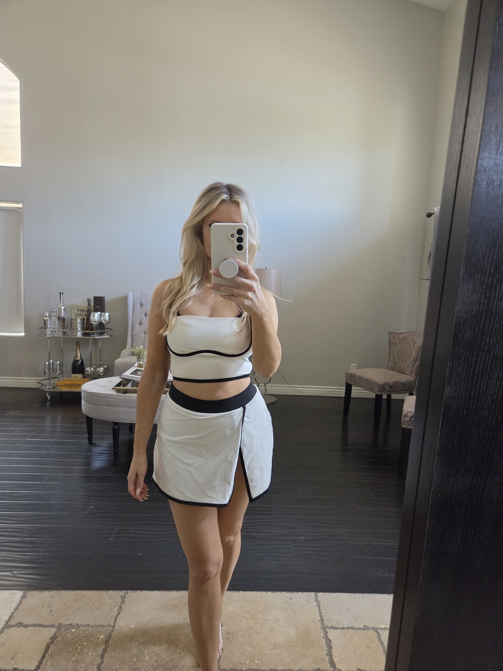 ALO White Two-Piece Crop Top & Skirt Set with Black Trim